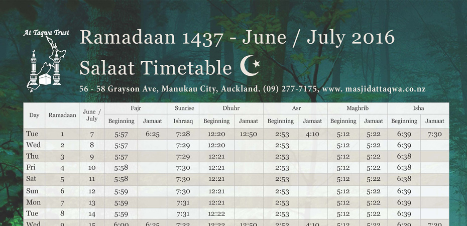 Ramadaan 1737/2016 Timetable